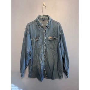 Men's Vintage Blue Denim Carhartt Long Sleeve Button Up Work Shirt Size L-XL